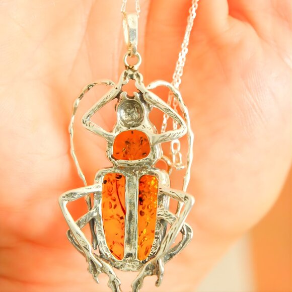 Baltic Amber Scarab Pendant Necklace in 925 Sterling Silver - Picture 8 of 9